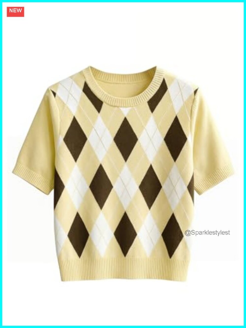 Argyle Short Sleeve Sweater Lightweight Pullover Knit Top